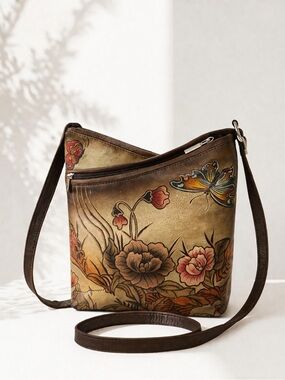 Biacci Hand Painted Leather Crossbody Bag Floral Butterfly Boho Vintage